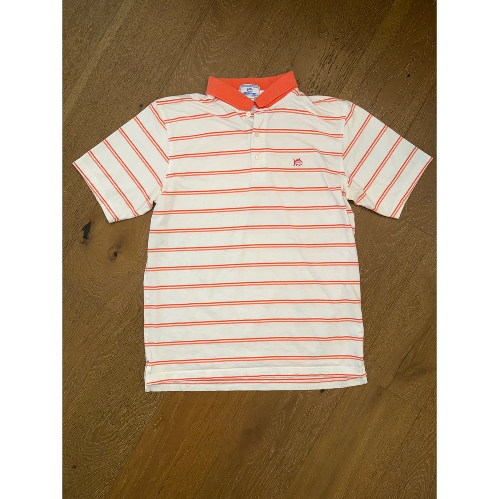 Southern Tide Sport Mens Large Pima Cotton Striped Polo Shirt Orange White L